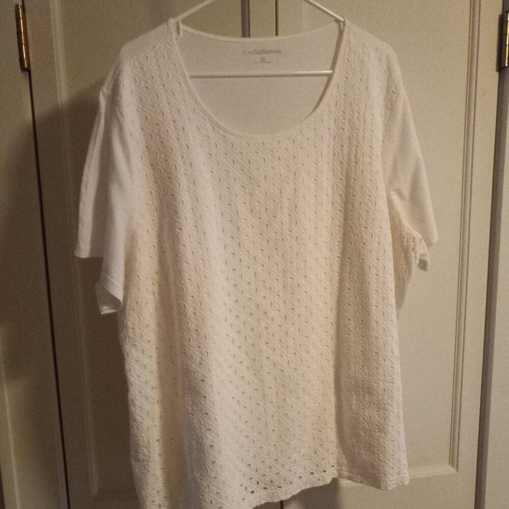 Women's Croft & Barrow White S/S Tee Knit Top Eyelet Lace over the front 3x Plus